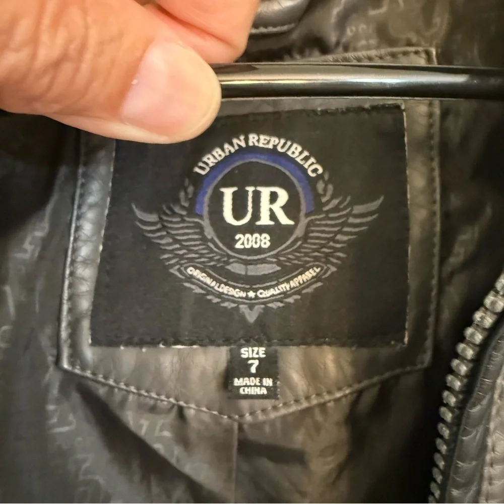 Urban Republic Kids Gray and Black faux leather Jacket youth size 7 hooded